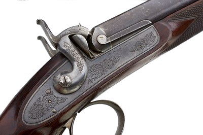 Lot 582 - A CRISP 12-BORE DOUBLE BARRELLED PERCUSSION SPORTING GUN BY THOMAS BOSS