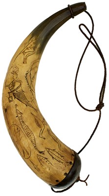 Lot 95 - A HORN POWDER FLASK ENGRAVED ON A NAUTICAL THEME