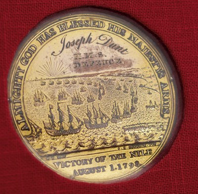 Lot 115 - A FRAMED ALEXANDER DAVISON'S 1798 GILT BRONZE NILE MEDAL TO JOSEPH DUNT HMS DEFENCE