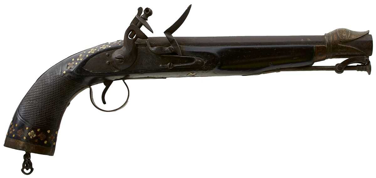 Lot 163 - AN UNUSUAL EARLY 19TH CENTURY 13-BORE INDIAN FLINTLOCK HOLSTER PISTOL