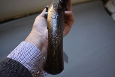 Lot 752 - A 25-BORE DOUBLE BARRELLED FLINTLOCK TURNOVER HOLSTER PISTOL BY WILSON