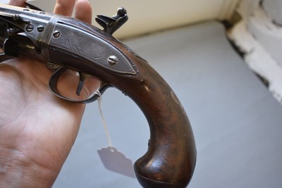 Lot 752 - A 25-BORE DOUBLE BARRELLED FLINTLOCK TURNOVER HOLSTER PISTOL BY WILSON
