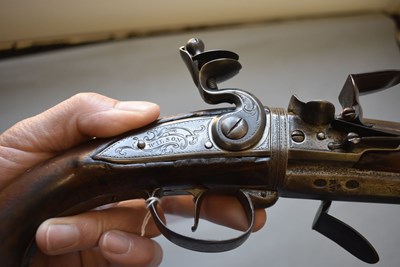 Lot 752 - A 25-BORE DOUBLE BARRELLED FLINTLOCK TURNOVER HOLSTER PISTOL BY WILSON
