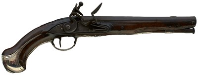 Lot 402 - A SCARCE PAIR OF .650 CALIBRE FRENCH FLINTLOCK SILVER MOUNTED NAVAL OFFICER'S PISTOLS