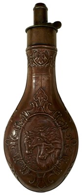 Lot 829 - A PHARAOH'S HORSES EMBOSSED POWDER FLASK