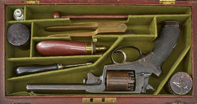 Lot 650 - A CASED 54-BORE FIVE-SHOT PERCUSSION BEAUMONT ADAMS REVOLVER