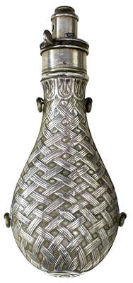 Lot 827 - A WHITE METAL HAWKSLEY POWDER FLASK