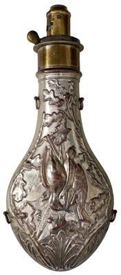 Lot 828 - A PLATED COPPER POWDER FLASK BY HANDSOME & CO