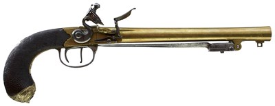 Lot 611 - A MOST UNUSUAL AND LARGE PAIR OF 18-BORE FLINTLOCK BAYONET HOLSTER PISTOLS