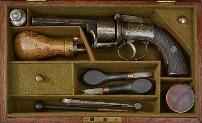 Lot 404 - A SCARCE CASED IRISH SMALL SIZED 120-BORE SIX-SHOT PERCUSSION TRANSITIONAL REVOLVER