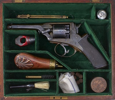 Lot 405 - A CASED 80-BORE PERCUSSION FIVE-SHOT FOURTH MODEL TRANTER REVOLVER