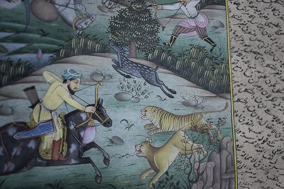 Lot 83 - A 19TH CENTURY MUGHAL INDIAN MANUSCRIPT ELEMENT OF A TIGER HUNT