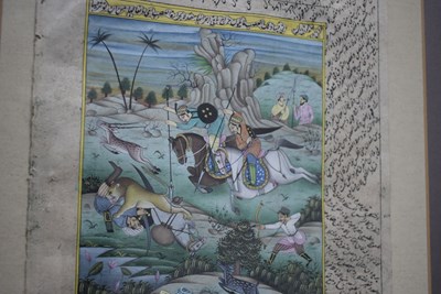 Lot 83 - A 19TH CENTURY MUGHAL INDIAN MANUSCRIPT ELEMENT OF A TIGER HUNT