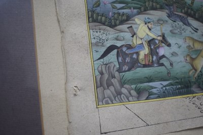 Lot 83 - A 19TH CENTURY MUGHAL INDIAN MANUSCRIPT ELEMENT OF A TIGER HUNT
