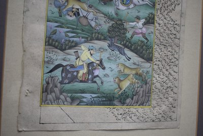 Lot 83 - A 19TH CENTURY MUGHAL INDIAN MANUSCRIPT ELEMENT OF A TIGER HUNT