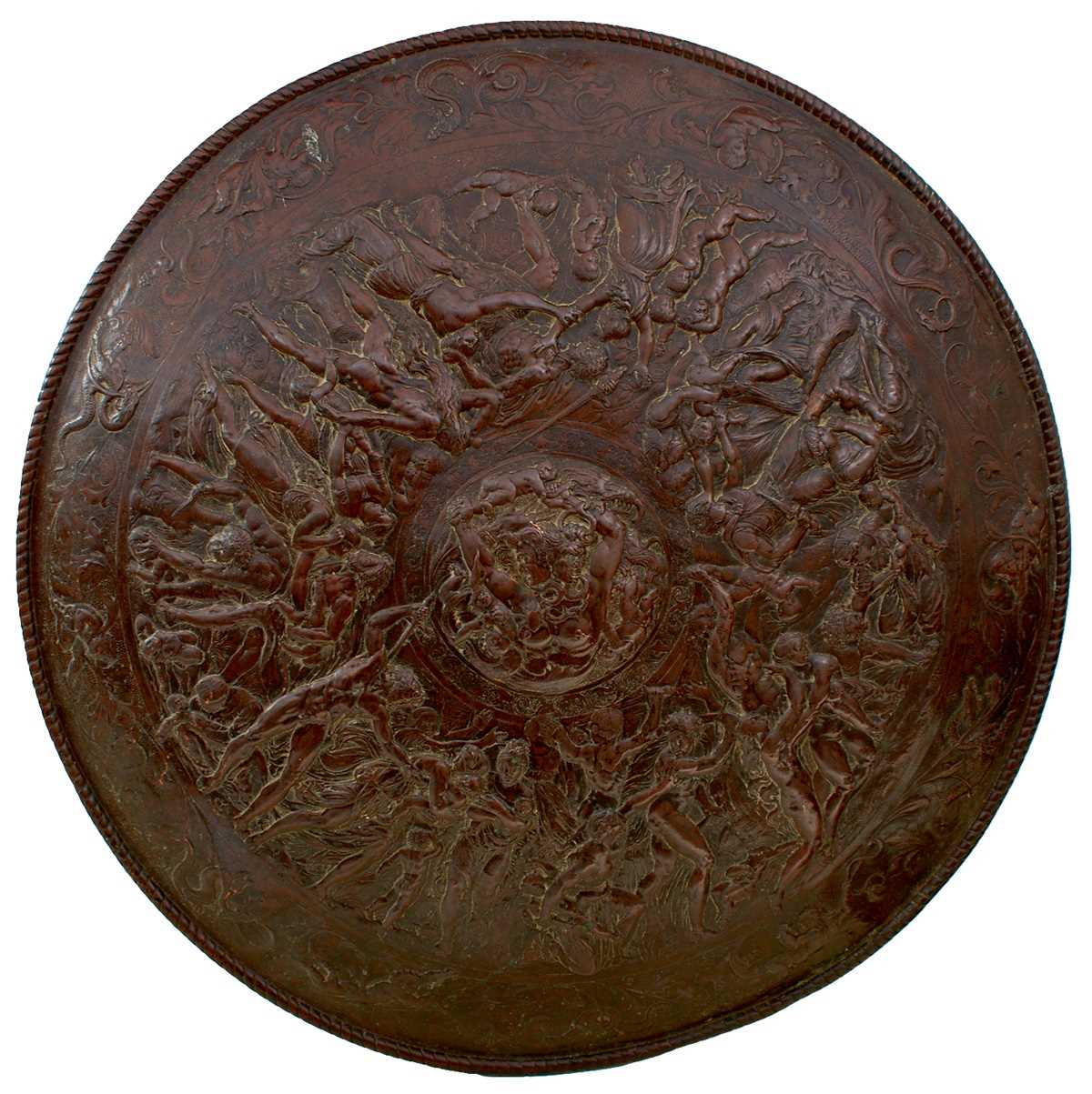 Lot 659 - AN ELKINGTON TYPE COPPER EMBOSSED SHIELD IN THE CLASSICAL MANNER