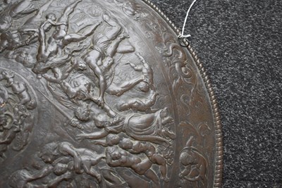 Lot 659 - AN ELKINGTON TYPE COPPER EMBOSSED SHIELD IN THE CLASSICAL MANNER