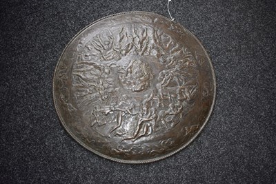 Lot 659 - AN ELKINGTON TYPE COPPER EMBOSSED SHIELD IN THE CLASSICAL MANNER