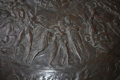 Lot 659 - AN ELKINGTON TYPE COPPER EMBOSSED SHIELD IN THE CLASSICAL MANNER