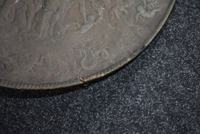 Lot 659 - AN ELKINGTON TYPE COPPER EMBOSSED SHIELD IN THE CLASSICAL MANNER