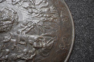 Lot 659 - AN ELKINGTON TYPE COPPER EMBOSSED SHIELD IN THE CLASSICAL MANNER