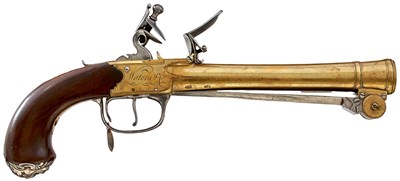 Lot 378 - A SCARCE PAIR OF 18TH CENTURY FLINTLOCK WATERS PATENT BLUNDERBUSS PISTOLS