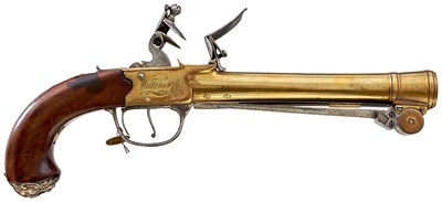 Lot 378 - A SCARCE PAIR OF 18TH CENTURY FLINTLOCK WATERS PATENT BLUNDERBUSS PISTOLS