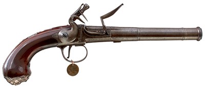Lot 379 - A PAIR OF 22-BORE SILVER MOUTED FLINTLOCK QUEEN ANNE CARRIAGE PISTOLS BY PETER GANDON
