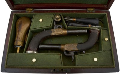 Lot 393 - A CASED PAIR OF BRASS FRAMED PERCUSSION BOXLOCK POCKET PISTOLS BY PARKER
