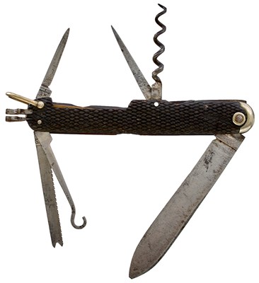 Lot 811 - A GOOD LATE VICTORIAN OR EARLY EDWARDIAN LARGE COMBINATION FOLDING LOCK KNIFE BY HILL & SON