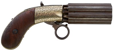 Lot 426 - A GOOD 76-BORE SIX SHOT PERCUSSION COOPER'S PATENT PEPPERBOX REVOLVER BY HETHERINGTON NOTTINGHAM