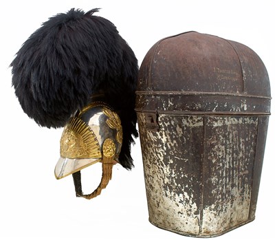 Lot 699 - A VERY RARE NAMED HOUSEHOLD CAVALRY OFFICER'S 1817 PATTERN HELMET AND TIN ENSEMBLE