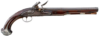 Lot 399 - A PAIR OF 16-BORE FLINTLOCK IRISH SILVER MOUNTED HOLSTER PISTOLS