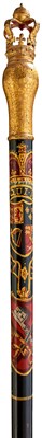 Lot 863 - OF HAMPSHIRE INTEREST: A GEORGE III PAINTED WOOD LONG STAFF AND ASSOCIATED TRUNCHEON