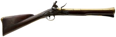 Lot 185 - A RARE 18TH CENTURY IRISH FLINTLOCK BRASS BARRELLED BLUNDERBUSS BY HUGHES OF CORKE