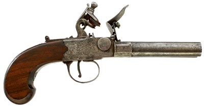 Lot 356 - A 54-BORE DOUBLE BARRELLED SIDE BY SIDE FLINTLOCK BOXLOCK POCKET PISTOL BY WOOD & CO.