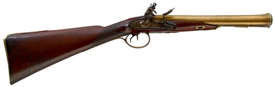 Lot 180 - A RARE BRASS DOUBLE BARRELLED FLINTLOCK BLUNDERBUSS