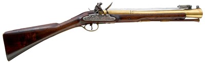 Lot 182 - A BRASS BARRELLED FLINTLOCK COACHING BAYONET BLUNDERBUSS