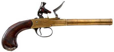 Lot 183 - A SCARCE PAIR OF 40-BORE DOUBLE BARRELLED FLINTLOCK SILVER MOUNTED BRASS COACHING OR TRAVELLING PISTOLS