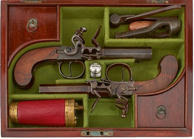 Lot 362 - A MOST UNUSUAL PAIR OF 28-BORE FLINTLOCK BOXLOCK POCKET BAYONET PISTOLS BY WILLIAM SMITH