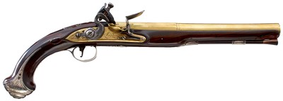 Lot 188 - A 20-BORE FLINTLOCK SILVER MOUNTED HOLSTER PISTOL BY MORTIMER