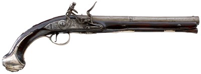 Lot 189 - A 22-BORE FLINTLOCK SILVER MOUNTED HOLSTER PISTOL BY TWIGG