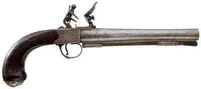 Lot 204 - A 16-BORE FLINTLOCK BOXLOCK SILVER MOUNTED HOLSTER PISTOL BY WATERS