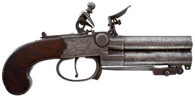 Lot 208 - A 54-BORE FLINTLOCK OVER AND UNDER BAYONET POCKET PISTOL