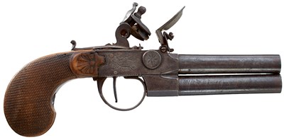 Lot 209 - AN 80-BORE FLINTLOCK OVER AND UNDER RIFLED POCKET PISTOL BY BAKER