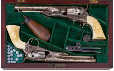 Lot 109 - A RARE CASED PAIR OF .36 CALIBRE FIVE-SHOT PLATED AND ENGRAVED COLT POLICE REVOLVERS CIRCA 1862