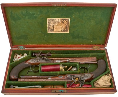 Lot 226 - A FINE QUALITY CASED PAIR OF 22-BORE GOLD INLAID FLINTLOCK DUELLING PISTOLS BY H.W. MORTIMER