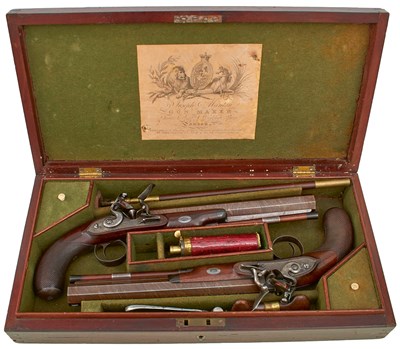 Lot 227 - A CASED PAIR OF 50-BORE FLINTLOCK DUELLERS BY JOSEPH MANTON, CIRCA 1807