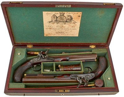 Lot 225 - A CASED PAIR OF 40-BORE FLINTLOCK DUELLING PISTOLS BY JOHN MANTON & SON
