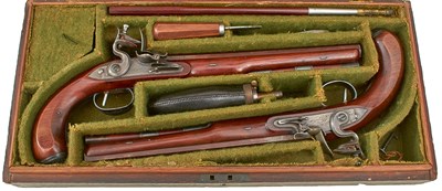 Lot 222 - A VERY FINE CASED PAIR OF 28-BORE FLINTLOCK DUELLING PISTOLS BY ROBERT WOGDON
